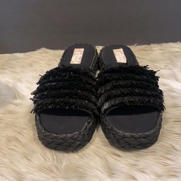 Band Of Gypsies Black Platform Raffia Slides 10 - Picture 10 of 10